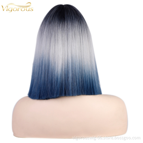 Short Root Black Ombre Silver to blue 3 Tones Bob Cut Wigs With Bangs Heat Resistant Synthetic Straight Hair Wigs for Women
